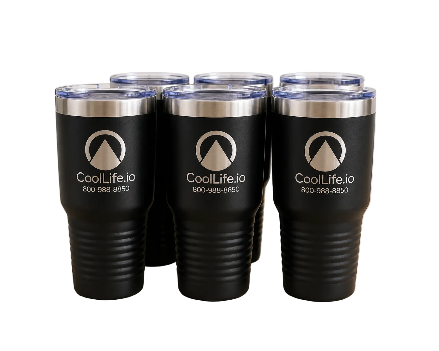 Set of black 30 oz Polar Camel tumblers engraved with a business logo