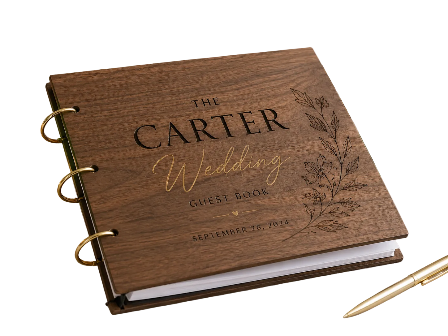 Personalized walnut wedding keepsake with gold accents