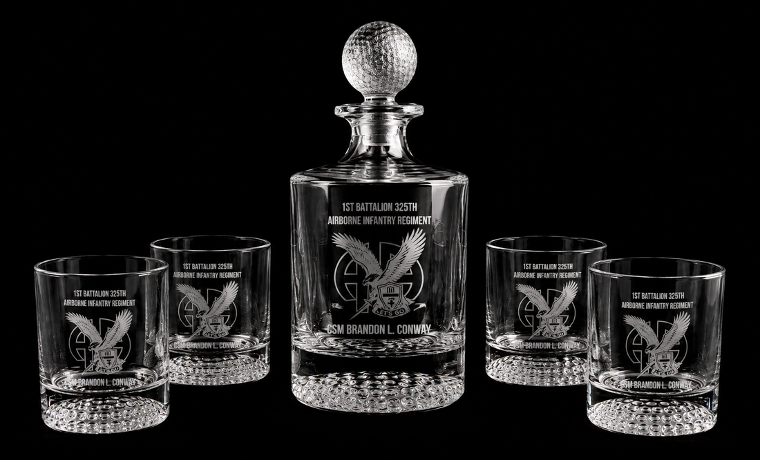 Golf-themed decanter and whiskey glass gift set with custom engraving