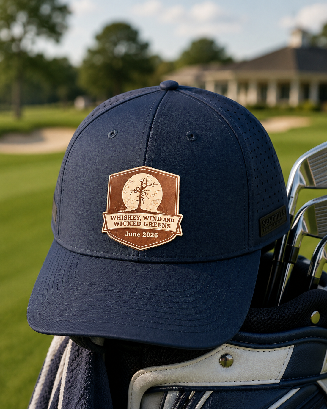 Navy baseball cap with custom leather patch displayed on a golf bag