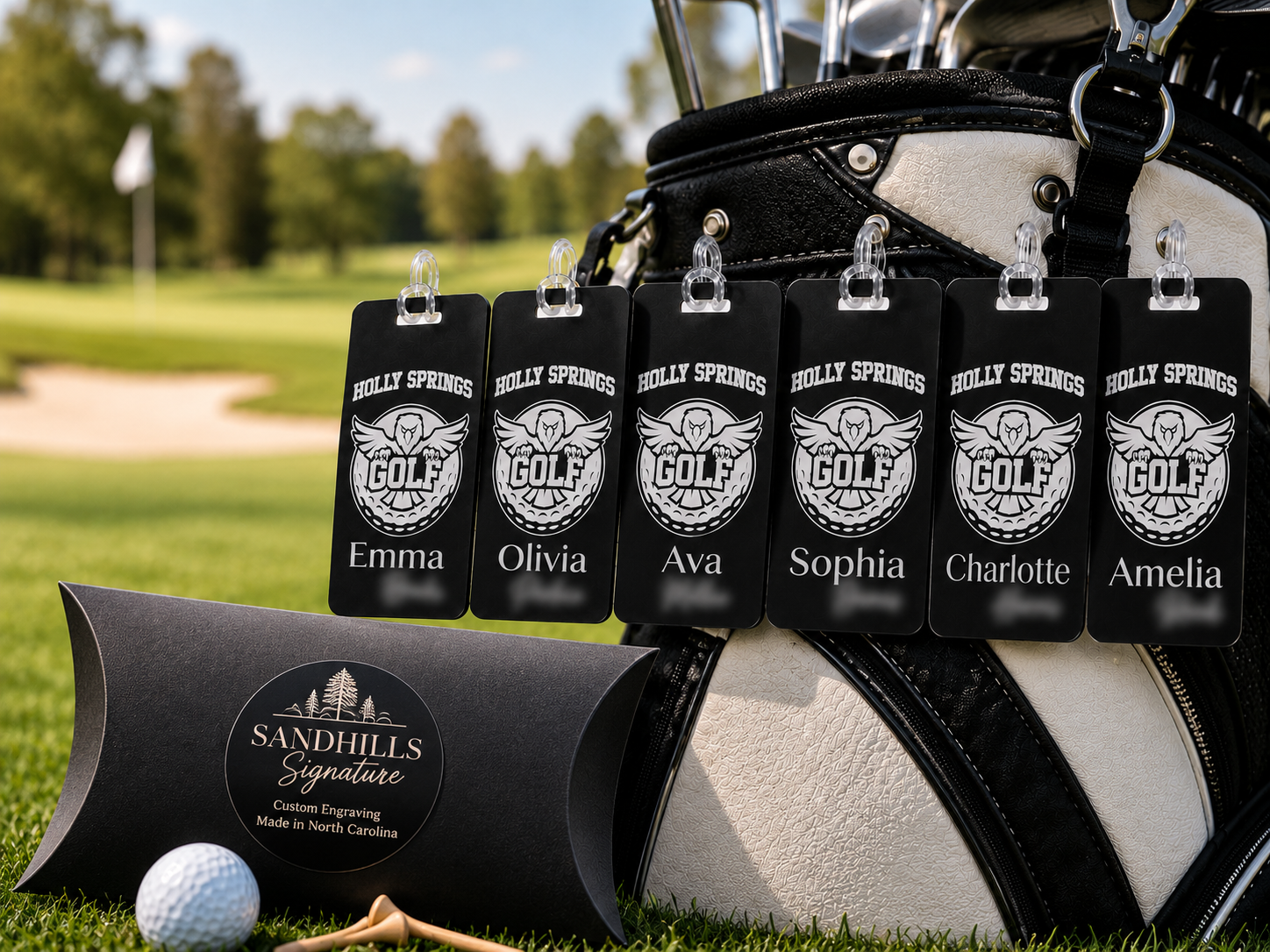 Set of custom engraved golf bag tags displayed with a black gift box