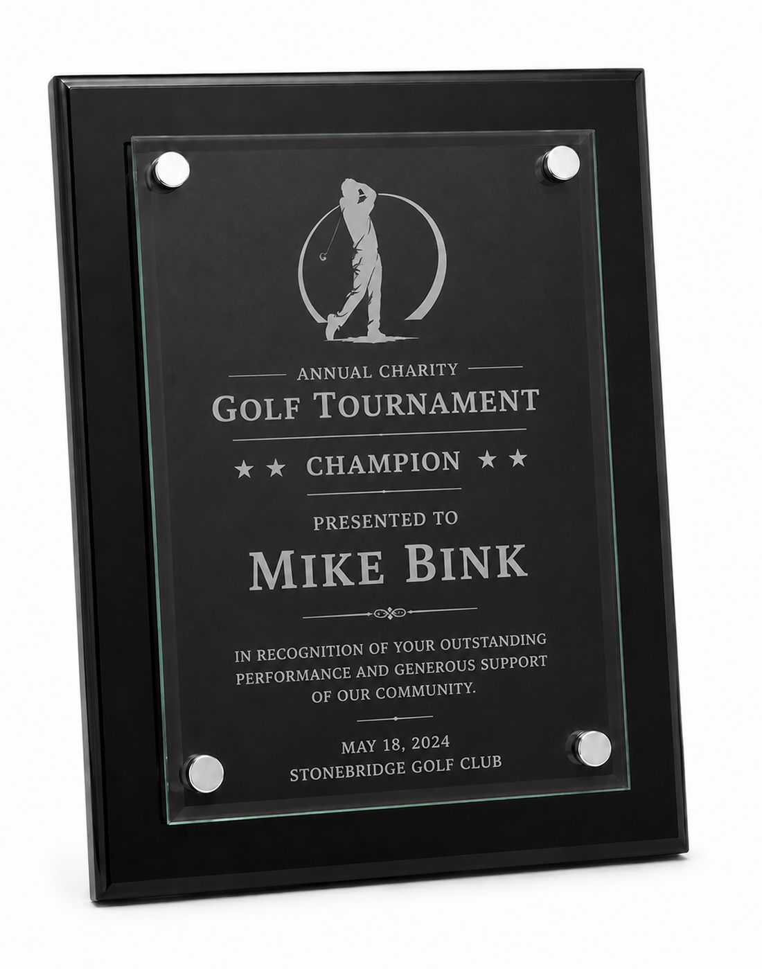 Custom golf tournament floating glass plaque with black panel and silver standoffs