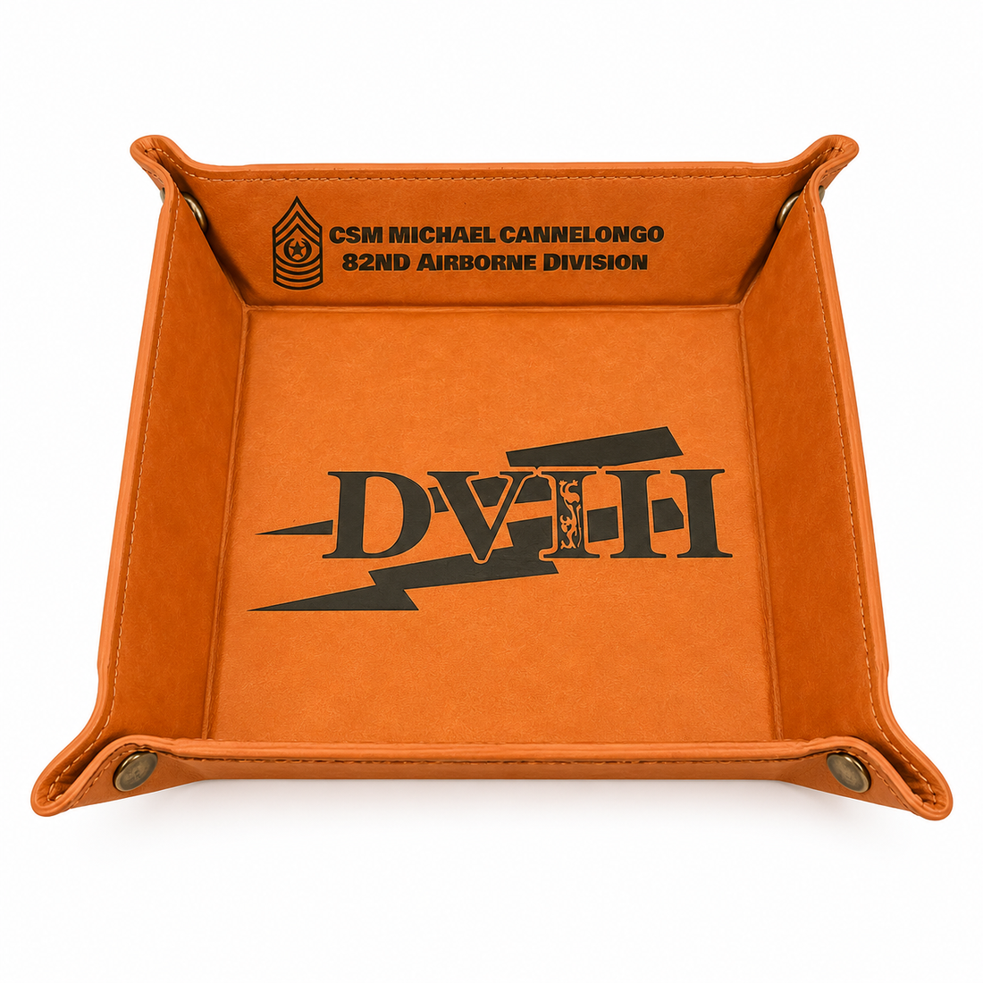 Personalized leatherette valet tray engraved with a military service emblem