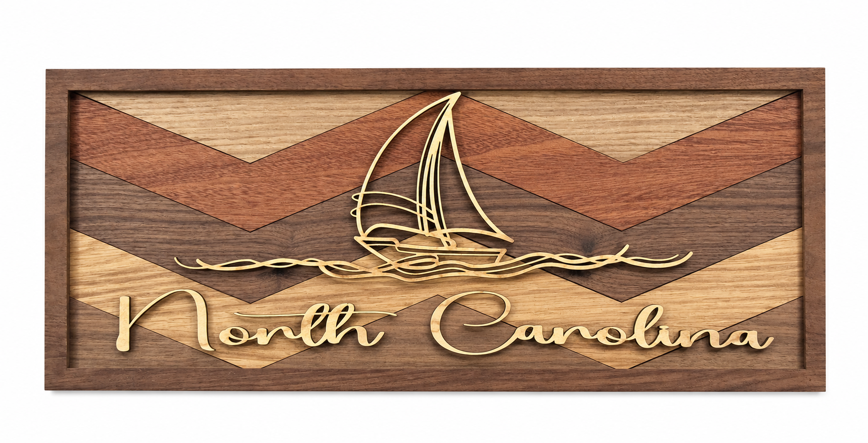 Wooden North Carolina wall sign with sailboat design by Sandhills Signature