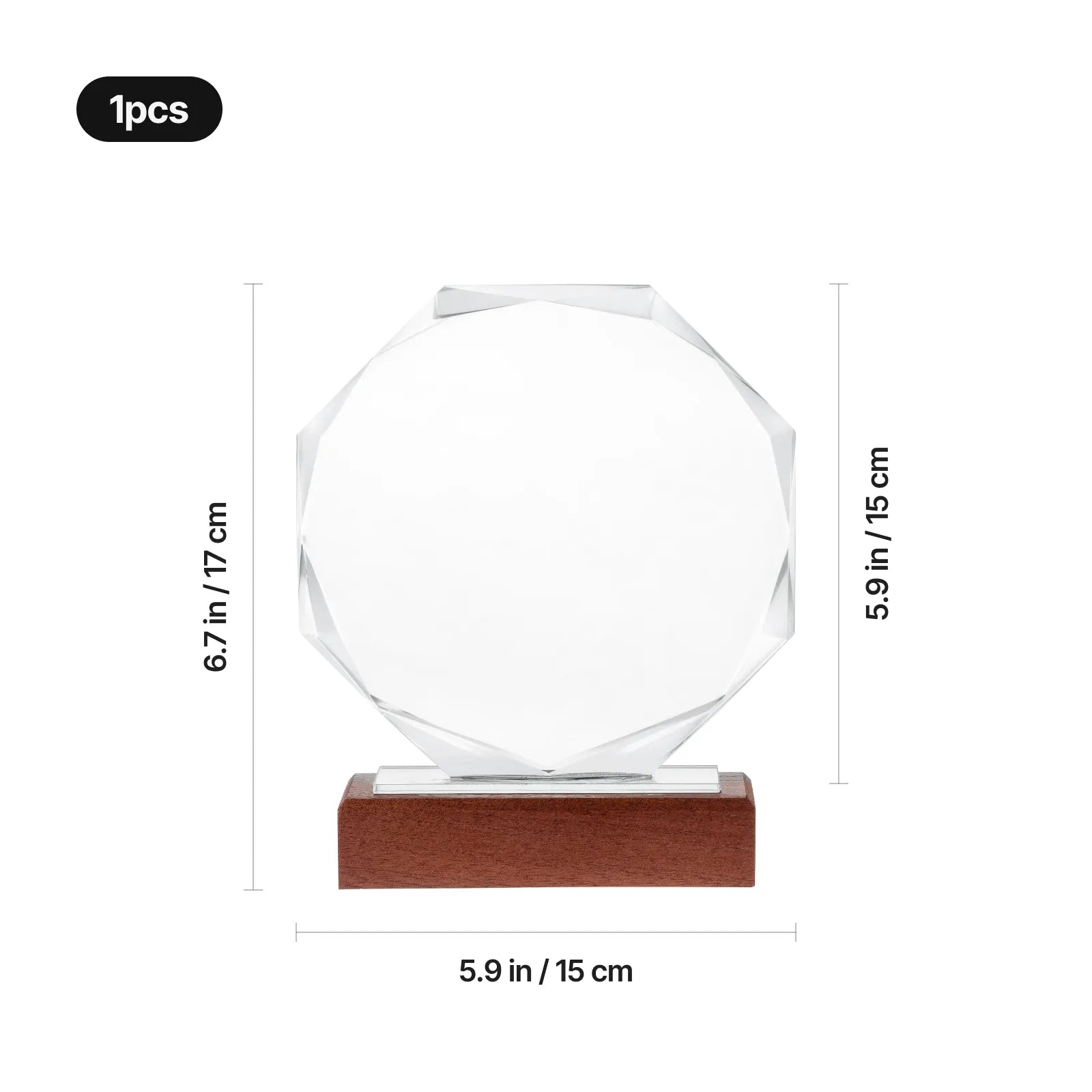 Blank octagonal crystal award on a wooden base with size measurements