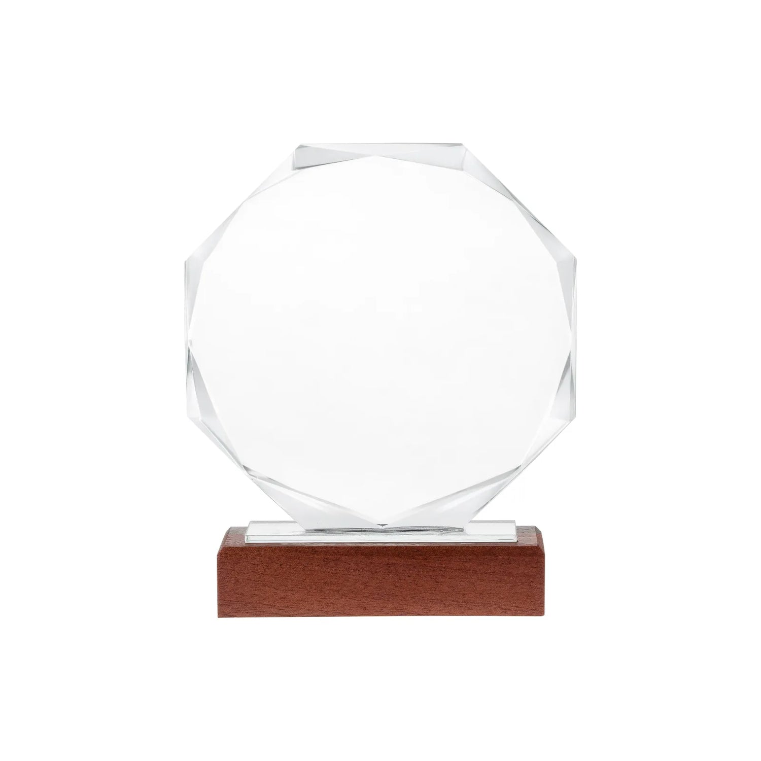 Blank octagonal crystal award on a wooden base shown from the front