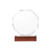 Blank octagonal crystal award on a wooden base shown from the front