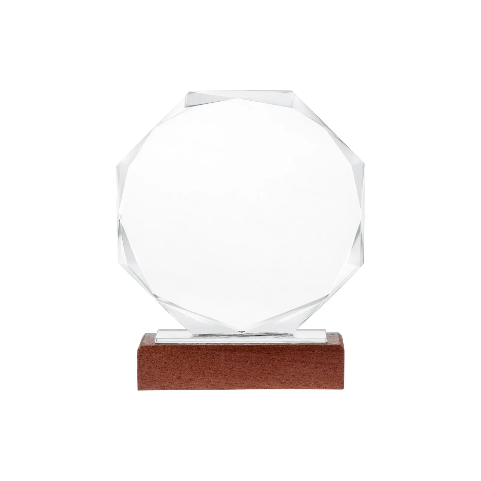 Blank octagonal crystal award on a wooden base shown from the front